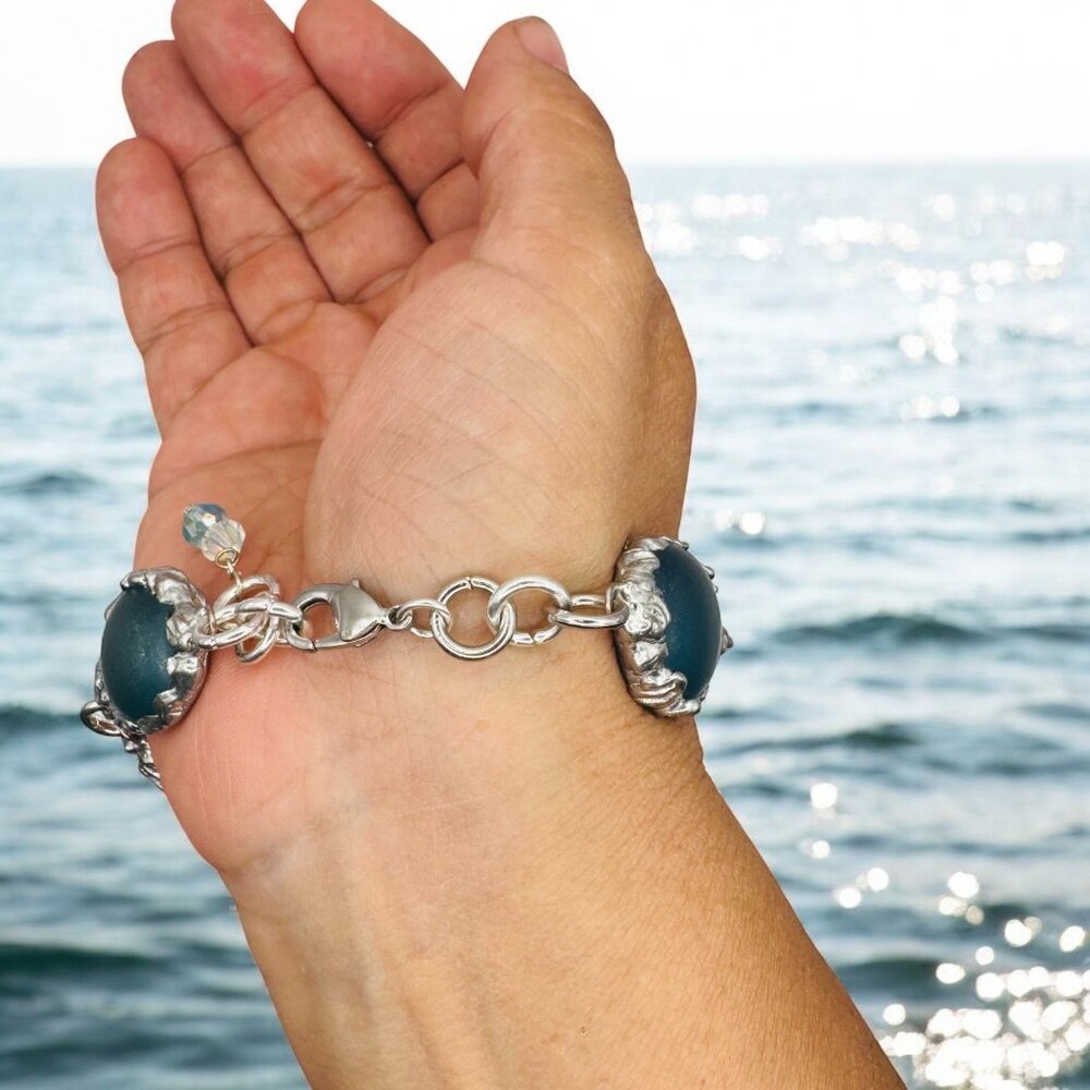 Artisan Crafted Sea Glass Cabochons Bracelet & Faceted Crystal Accent 9.5" - Picture 9 of 12